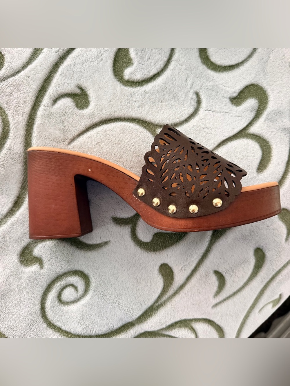 Madden Girl Brown Laser-Cut Platform Slide with Gold Studs - Picture 8 of 9